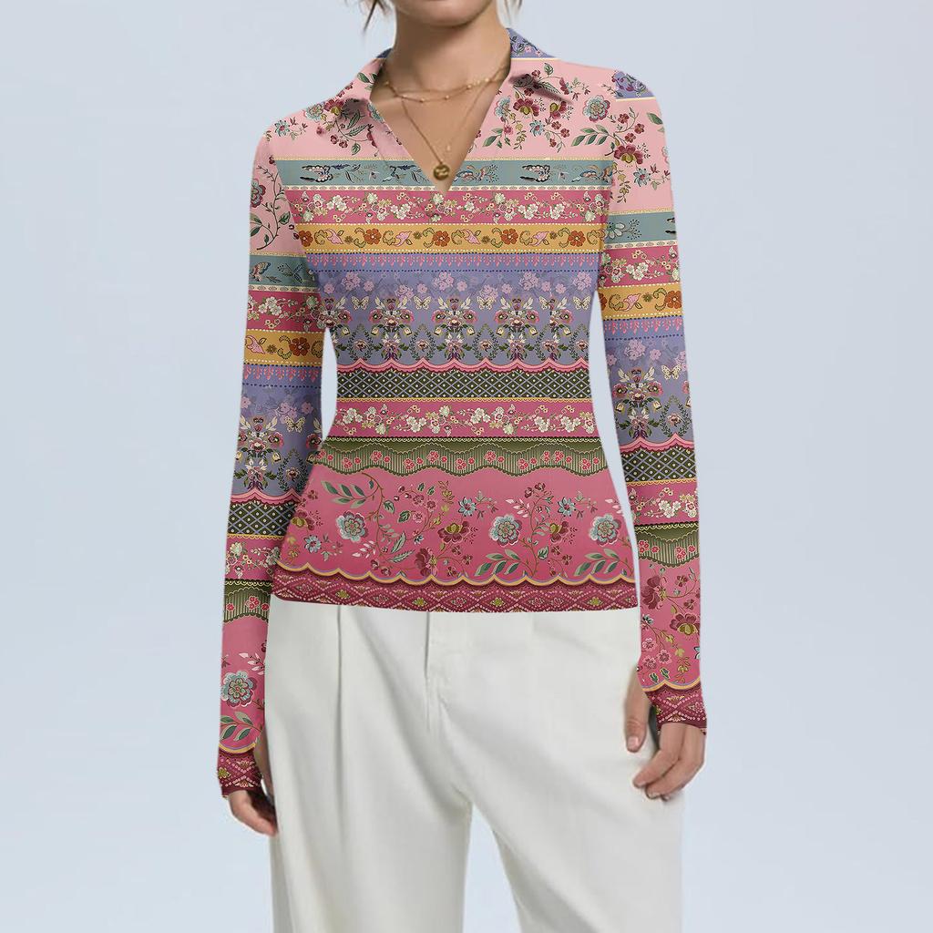 Женская Мода Повседневный Принт V-образный Вырез Длинный Рукав Застежка на Пуговицы Топ