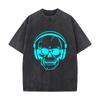 Headphone Skull Wearing Sunglasses Skeleton Graphic Washed Vintage Short Sleeve Loose Streetwear Tee