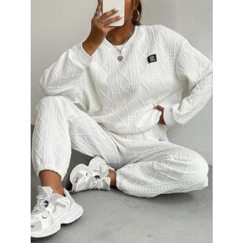 JKASHDK Женская мода повседневная весна осень однотонный принт длинный рукав О-образный вырез брюки брюки костюмы