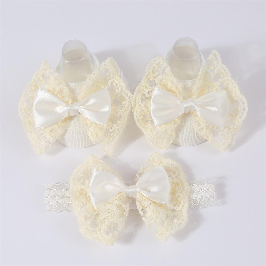 Baby Knitted Breathable Lace Bow Floor Socks + Hairband Color Matching Set