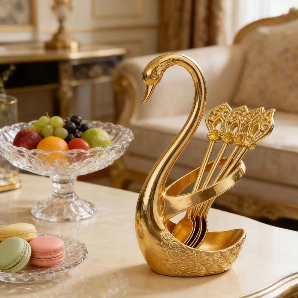 6Pcs with Swan Shaped Base Luxury Dessert Utensils Zinc Zinc Zinc Alloy Dessert Spoon Coffee Dessert