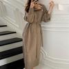 Women's Casual Long Sweater 2023 Autumn Winter New Fashion Korean Lace-up Waist Knitted Dress Loose Pullover Turtleneck Jumpers