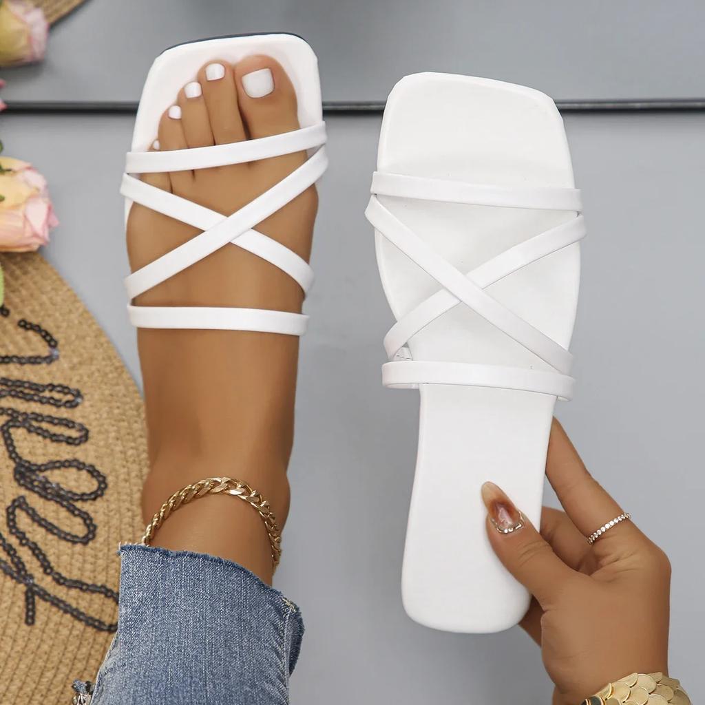 Летние однотонные плоские тапочки женские квадратные тапочки для улицы повседневные пляжные шлепанцы женская обувь сандалии с узкими ремешками Zapatos Mujer