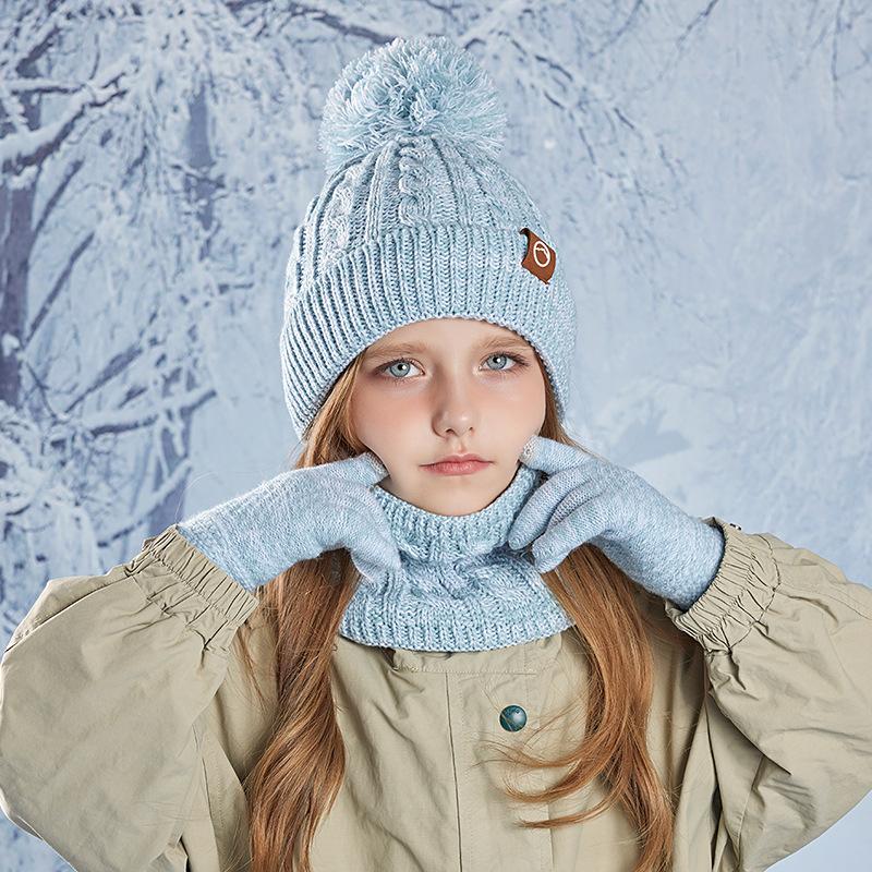 Children's Cap Scarf Gloves Three-Piece Set Coldproof Wool Cap Boys Girls Outdoor Warm Knitted Hat