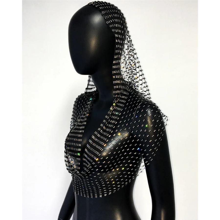 Sexy Deep V Neck Backless Camisole For Women Shiny Rhinestone Hollow See Through Fishnet Hooded Tank Top Rave Festival Crop Tops