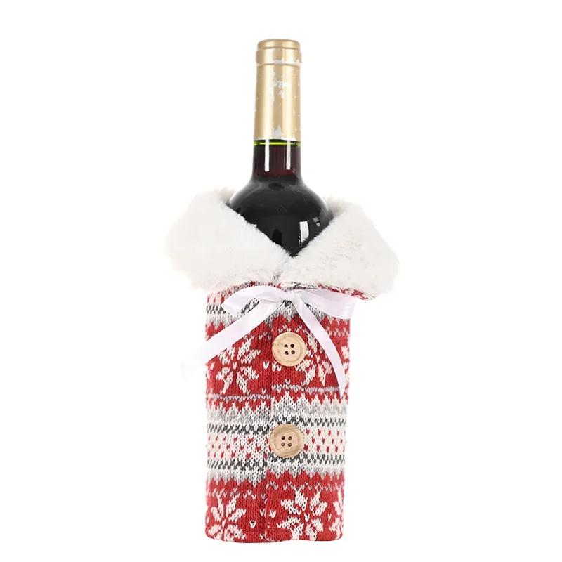 Christmas Wine Bottle Cover Knitted Red Sweater Button Snowflake Christmas Bottle Bag Xmas New Year Gift Kitchen Table Ornaments