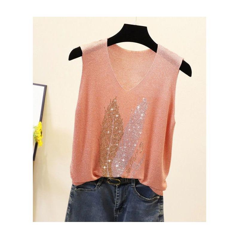 Свободный внутренний плюс плюс без рукавов шелковый трикотажный топ со стразами V-образный вырез майка женская летняя