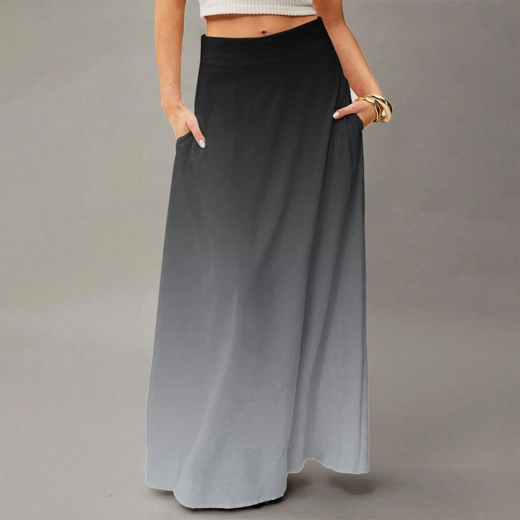 Women's Casual Leisure Foldable Gradient Print High Waist With Pocket Draped Relaxed Long Maxi Skirt