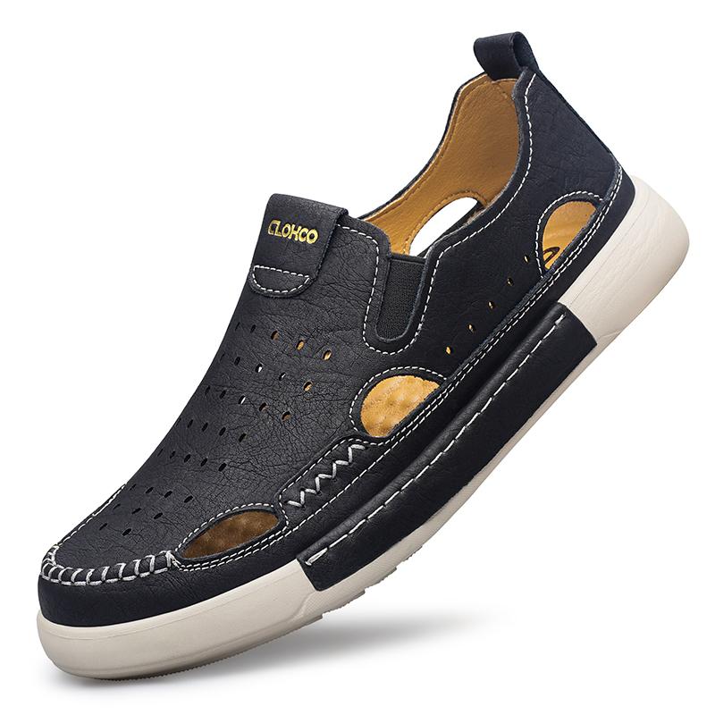 Мужские повседневные кожаные сандалии, прочные, сшитые вручную, с закрытым носком, нескользящие, для использования в помещении, на открытом воздухе, на пляже