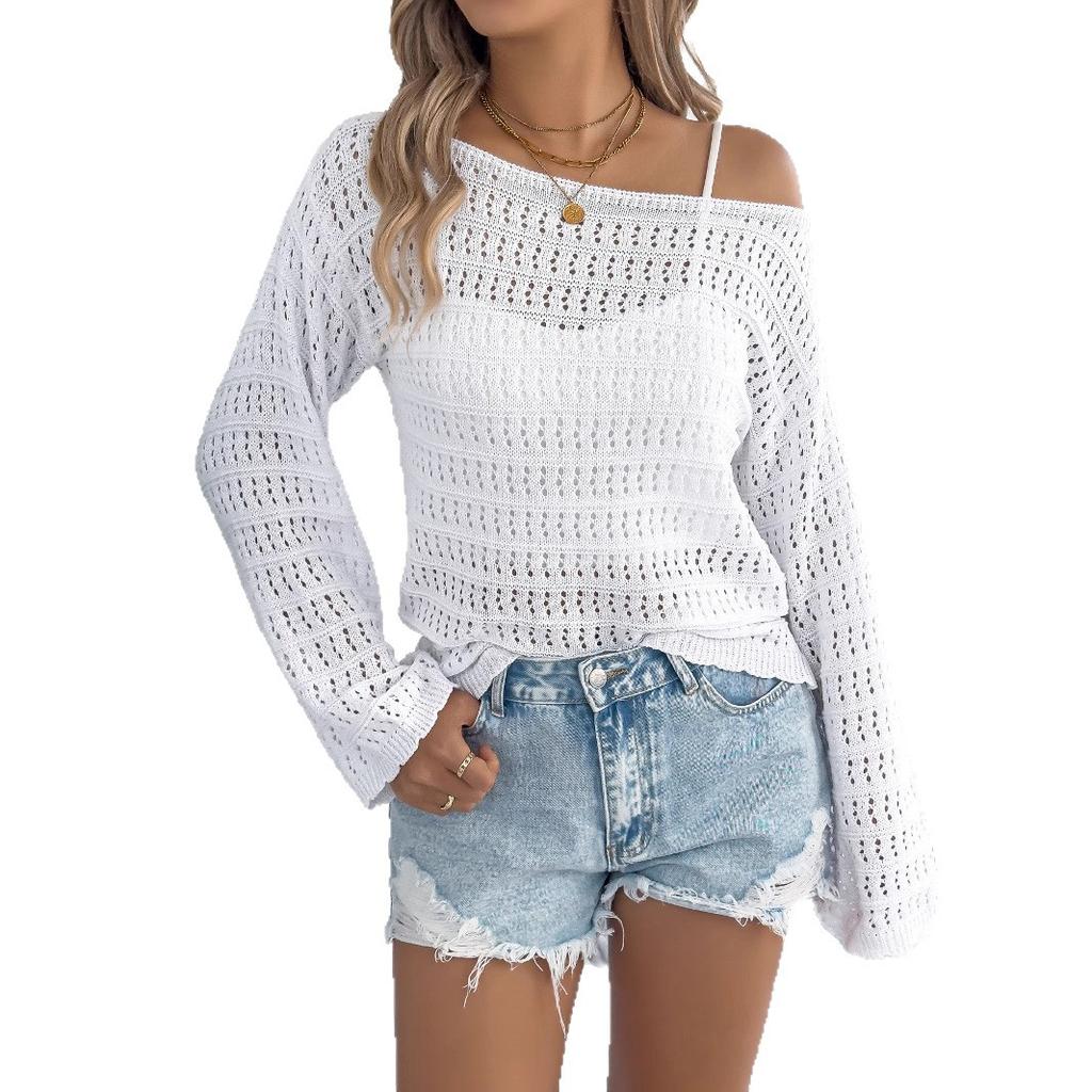 Early Autumn One-neck Hollowed-out Long-sleeved Knitted Sweater, Casual Loose Coat for Women