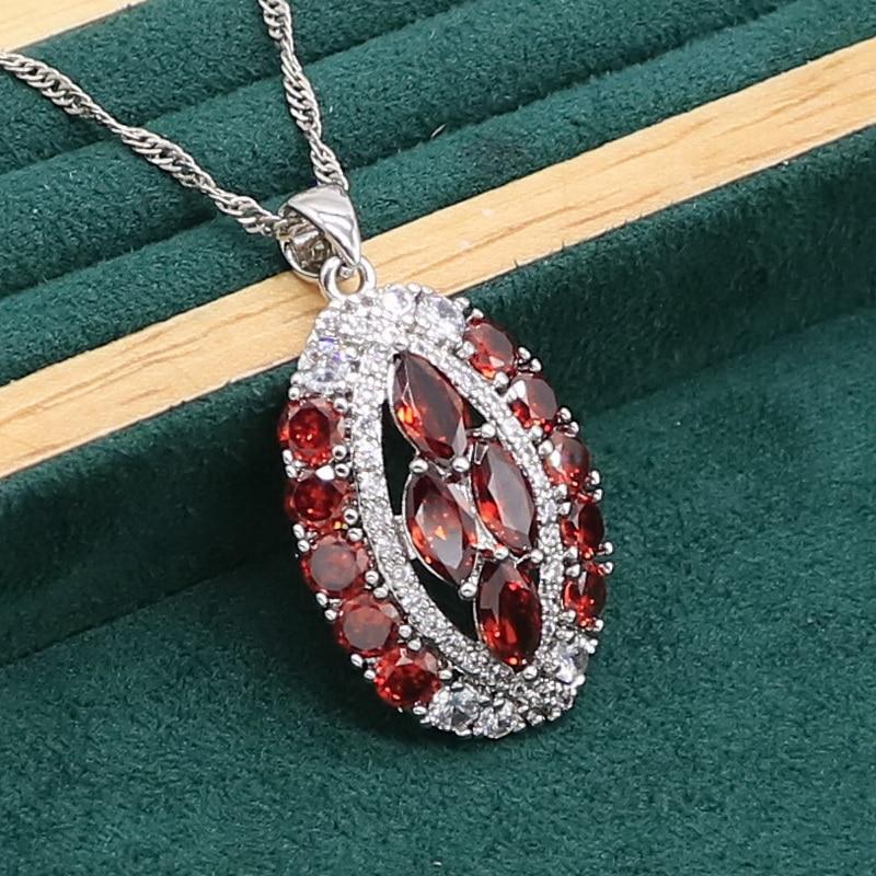 Красный гранат серебряный цвет комплект ювелирных изделий для женщин свадебный браслет серьги ожерелье кулон кольцо подарок на день рождения