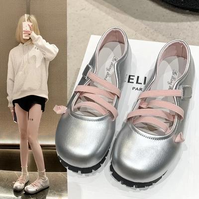 2024 Весна 2024 Новые женские туфли Мэри Джейн на плоской подошве 2024 Небольшие шелковые тонкие ремешки Женские балетки Серебряные туфли на мягкой подошве