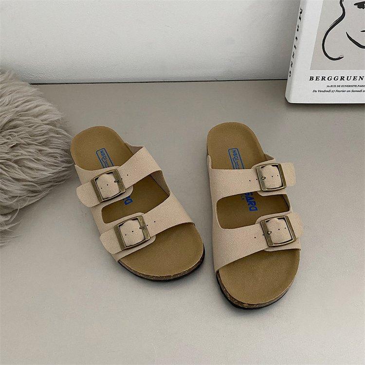 Новые летние женские пробковые тапочки повседневные пляжные с двойной пряжкой нескользящие наружные шлепанцы из нубука из кожи на платформе женские сандалии