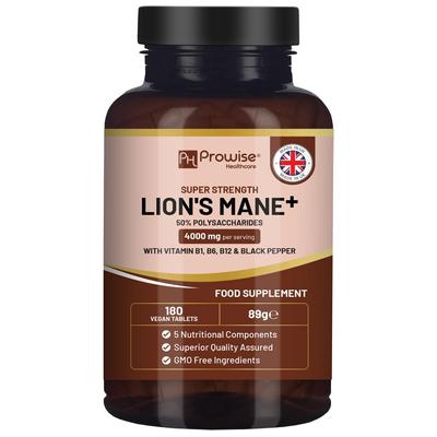 Добавка из грибов Lions Mane 4000 мг с витаминами B1, B6, B12 и черным перцем - 180 суперсильных веганских таблеток | Сделано в Великобритании
