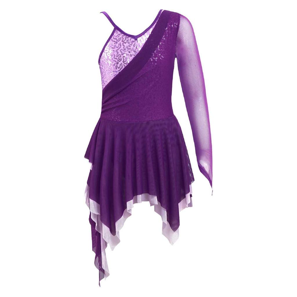 Kids Girls Stylish Dance Dress Single Long Sleeve Mesh Irregular Hem Contrast Color Skating Leotard Dress
