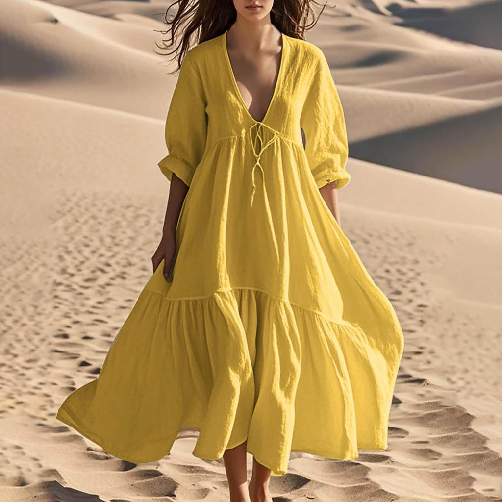Женское летнее модное однотонное платье с V-образным вырезом и короткими рукавами для пляжа, платье с кружевной отделкой