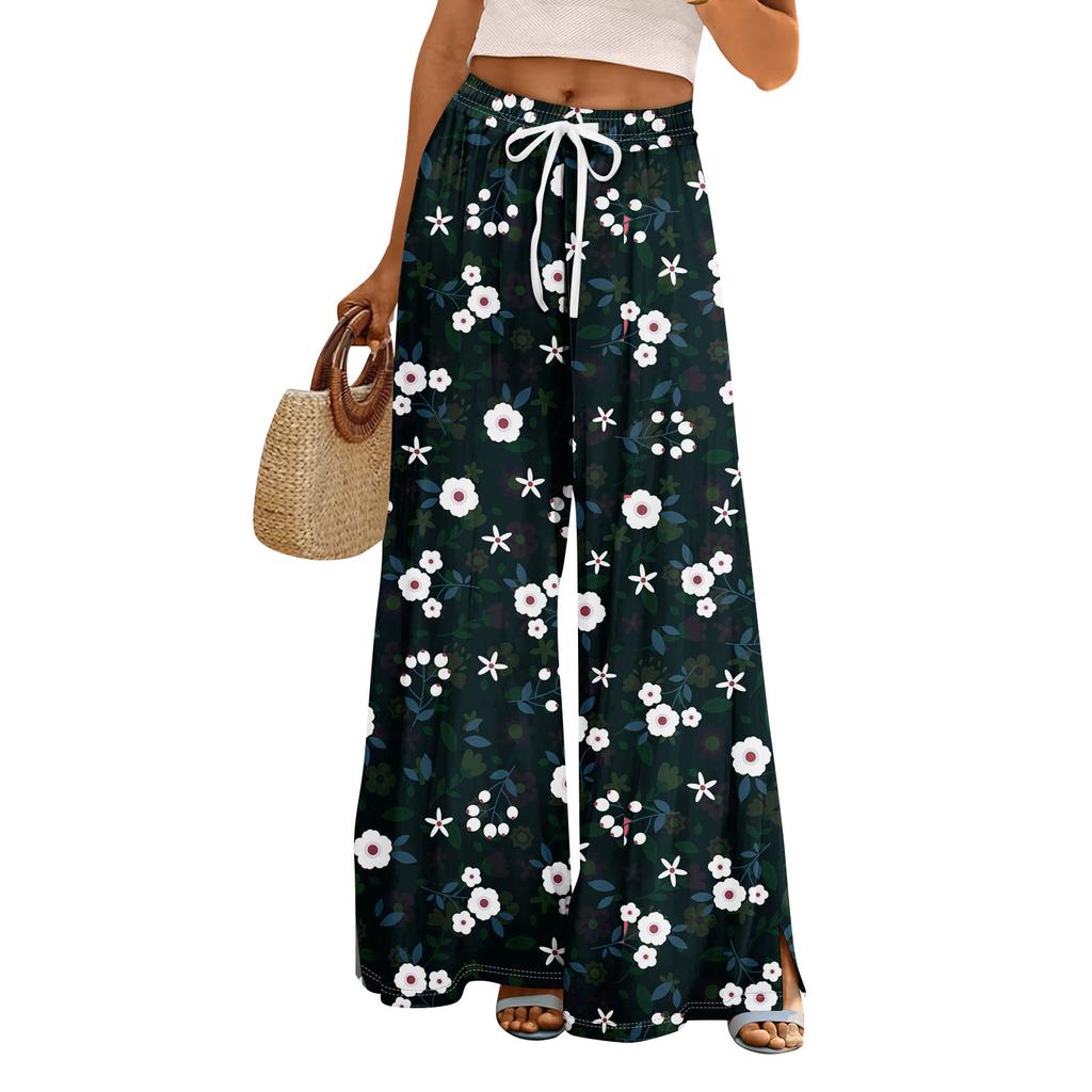 Women Summer Boho Palazzo Pants High Waist Wide Leg Rinting Casual Trousers With Pockets