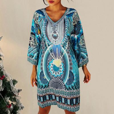 Женское летнее платье ретро этнический стиль принт длинный рукав V-образный вырез мягкое