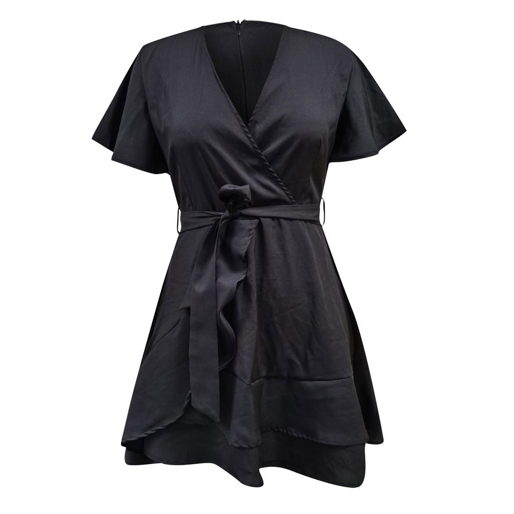 Summer V-Neck Casual Party Waist Wrapped Ruffle Dress Polka Dot Dress Beach Dress  Dress Slim Fit Women'S Belt Dress