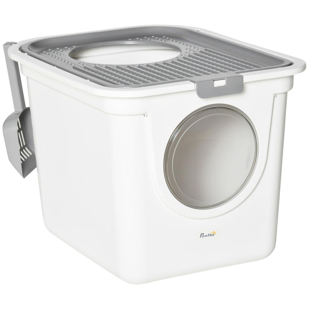 Enclosed Cat Litter Box with 2 Entrances, Tray and Scoop, Made of PE Plastic, 44x55x39 cm, White
