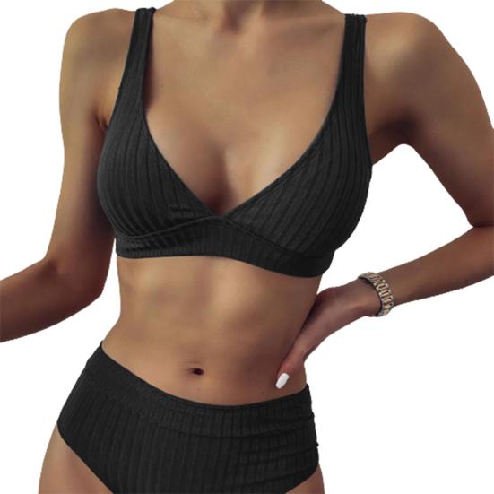 Бикини из двух частей с V-образным вырезом, сплошной цвет, женский ребристый глубокий комплект, бюстгальтер, трусы, купальник для лета