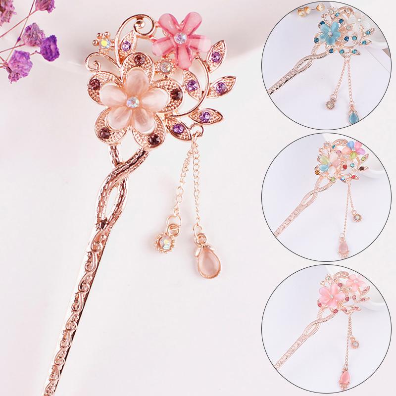 1PC Hair Sticks Rhinestones Crystal Flowers Women Headdress Elegant Hairpins Headwear Hair Jewelry Hair Clip