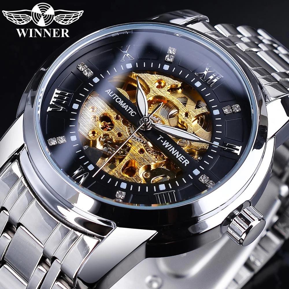 Winner Новые Топ Бизнес Стиль Скелетон Автоматические Механические Часы Мужские Часы с Мозаикой из Бриллиантов Римский Циферблат