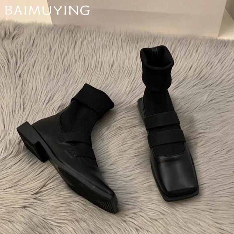Square Toe Women Sock Boots Mid Calf Knitting Flats Shoes Designer Fashion New Botas 2024 Trend Fashion Dress Botas De Mujer