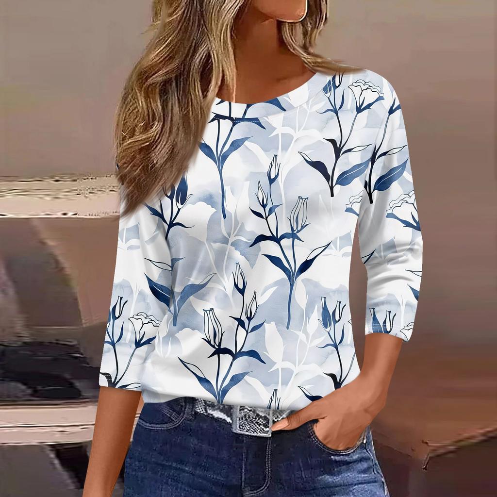 Women's Casual And Fashionable Floral Print Round Neck Top With Seven Quarter Sleeves And Loose Fit Top