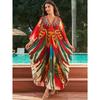 Women's Boho Style Cover Up, Plus Size Feather Print V Neck Loose Fit Comfy Beach Kaftan Dress