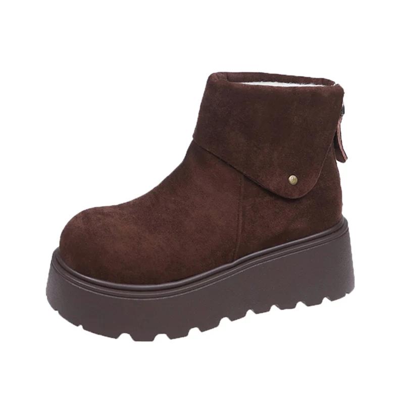 Женские зимние ботильоны на платформе, замшевые короткие плюшевые хлопковые туфли на плоской подошве, тренд 2025 года, теплые, повседневные, удобные, нескользящие, зимние ботинки для женщин