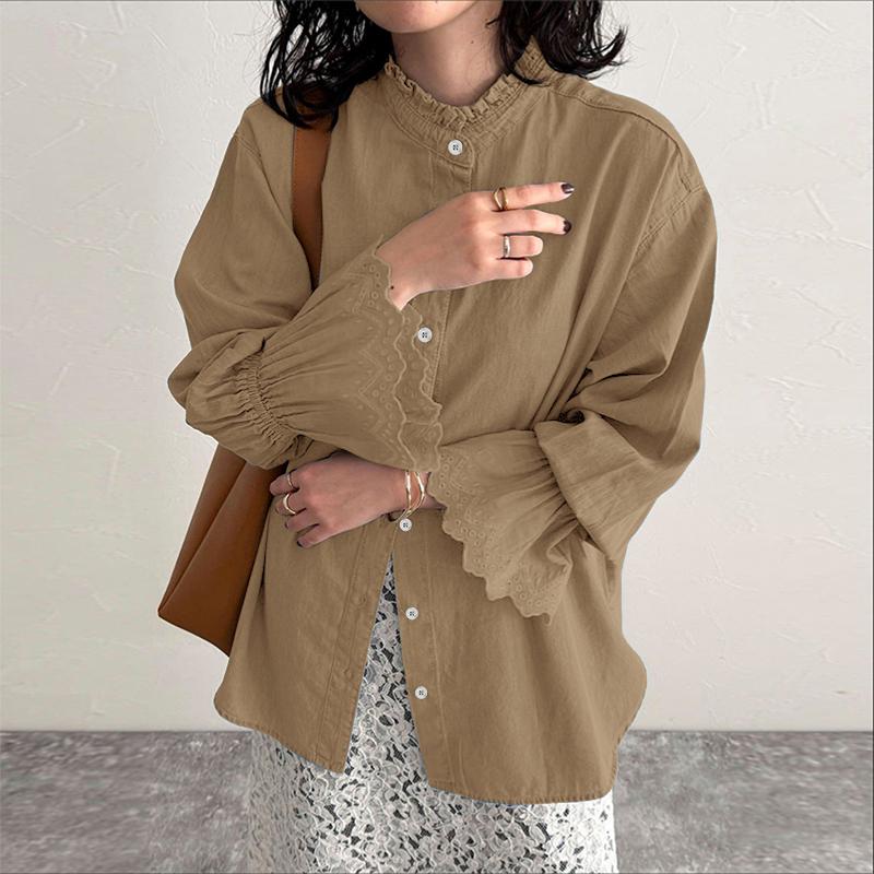 ZANZEA Женская повседневная блузка с круглым вырезом, свободного кроя, с ажурной вставкой, с длинным рукавом