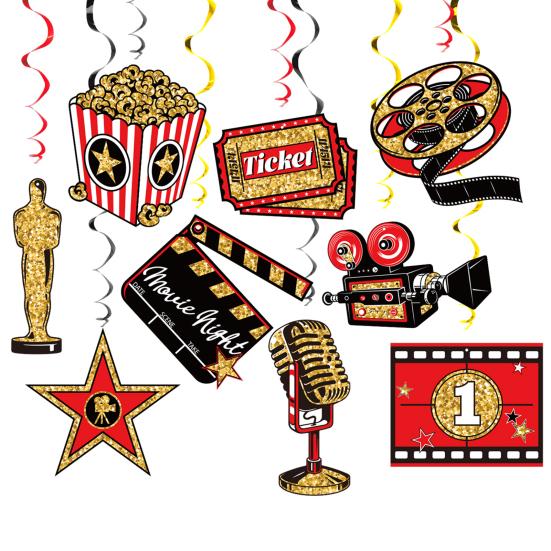 48 шт. подвесных завитков для вечернего показа фильмов, украшения из фольги, потолочные подвесные завитки, пленочный фон для вечеринки в стиле кино