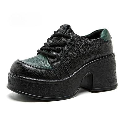 Мода Новые Ретро 7см Высокие Каблуки Женская Обувь Плоская Платформа Толстые Каблуки Обувь Смешанные Цвета Натуральная Кожа 2025 Роскошная Обувь на Шнуровке