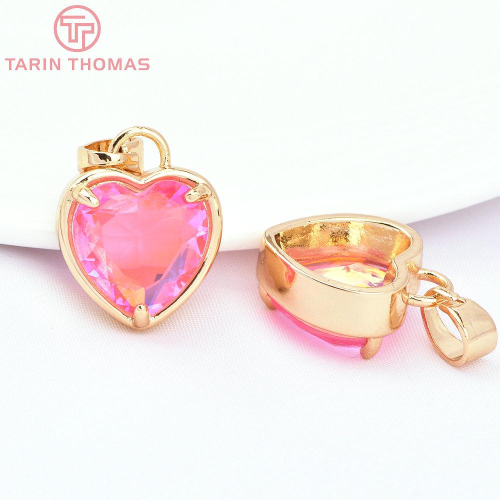 (7518) 6PCS 15x18MM 24K Gold Color Brass with Zircon Heart Charms Pendants High Quality DIY Jewelry Findings Accessories 1