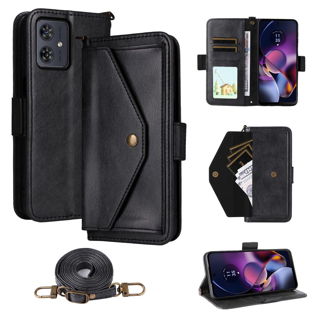 For Motorola Moto G64 5G/G54 5G Leather Case Magnetic Closure Wallet Stand Phone Cover with Crossbody Strap