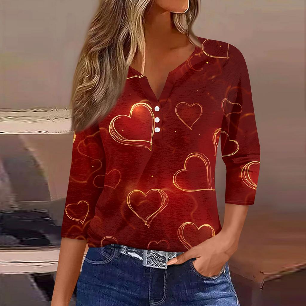 Жен. Футболка Футболка С принтом Пуговицы Рукав 3/4Ежедневно Выходные Мода Классический Топ с v-образным вырезом Обычный