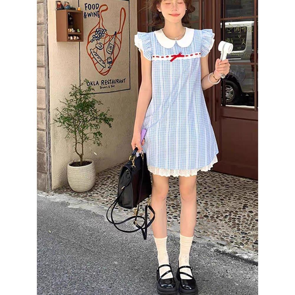 Стиль колледжа маленький, свежий, уникальный и красивый летом, а темперамент прекрасный.. Короткая юбка принцессы, клетчатое платье с кукольным воротником.