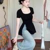 Women's Black Short-Sleeve Split Top: Summer 2025 Unique, Slimming, Exquisite Design
