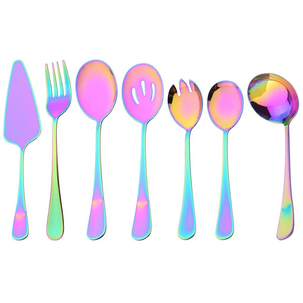 7 шт. золотой набор посуды, посуда из нержавеющей стали, лопаточка для торта, ложка для супа, дуршлаг, ложка, вилка для салата, ложка, набор столовых приборов