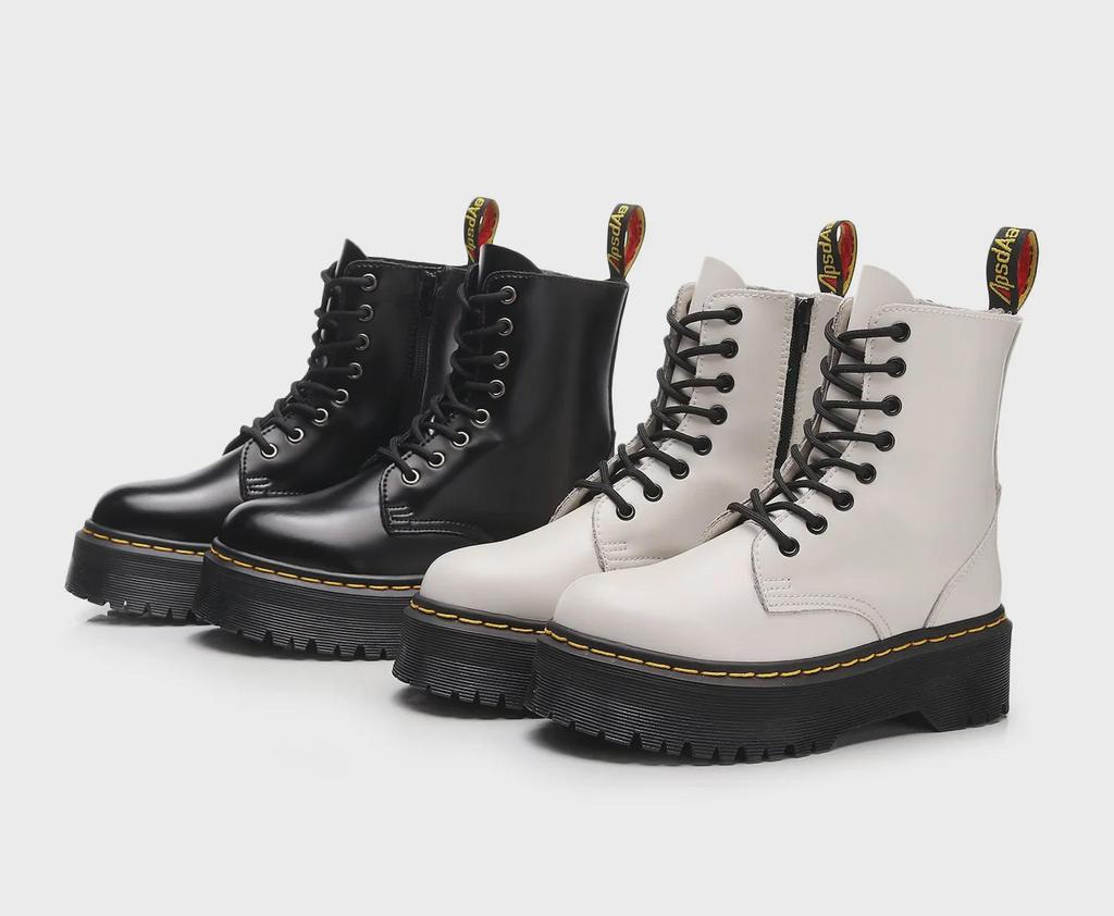 European & American 8-Hole Thick-Soled Motorcycle Boots, Women's British Style, Side Zipper, Platform Lace-Up Ankle Work Boots.