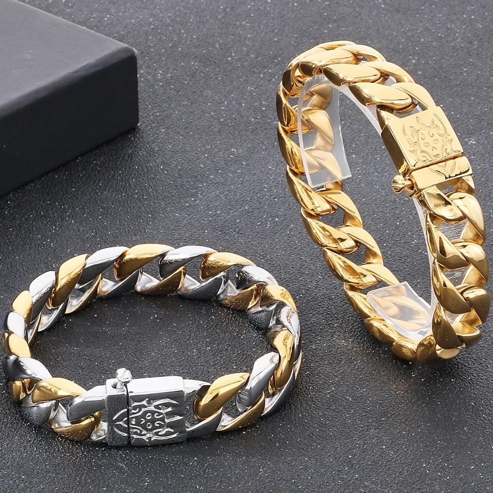 15MM Matte Curb Cuban Link Chain Bracelet for Men Brushed Black Gold Color Man Bracelets Stainless Steel Jewelry Accessories