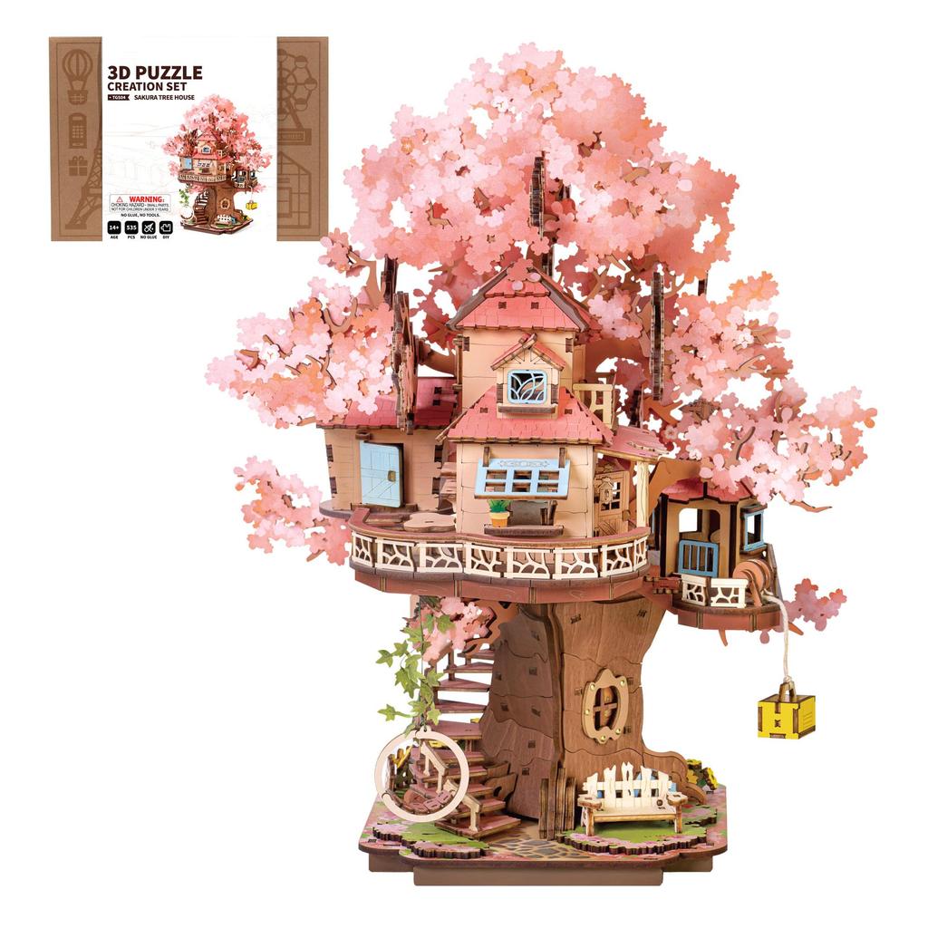 ROBOTIME 3D Wooden Puzzle, Cherry Blossom Tree House, Assembly Kit, DIY Craft, Mechanical Model, Japanese-Style Decor, Time-Killer, Educational Toy