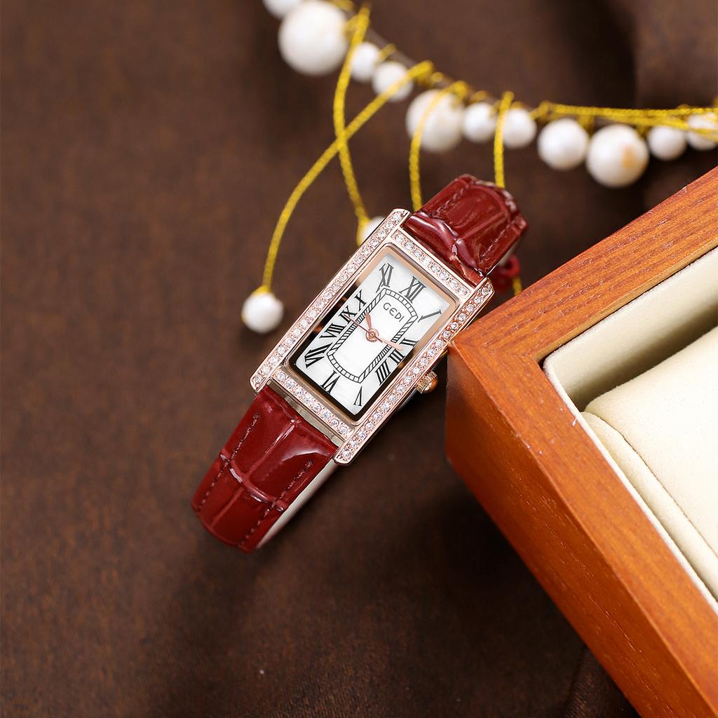 Retro style diamond-encrusted temperament small square watch niche high-end student watch women's belt quartz watch