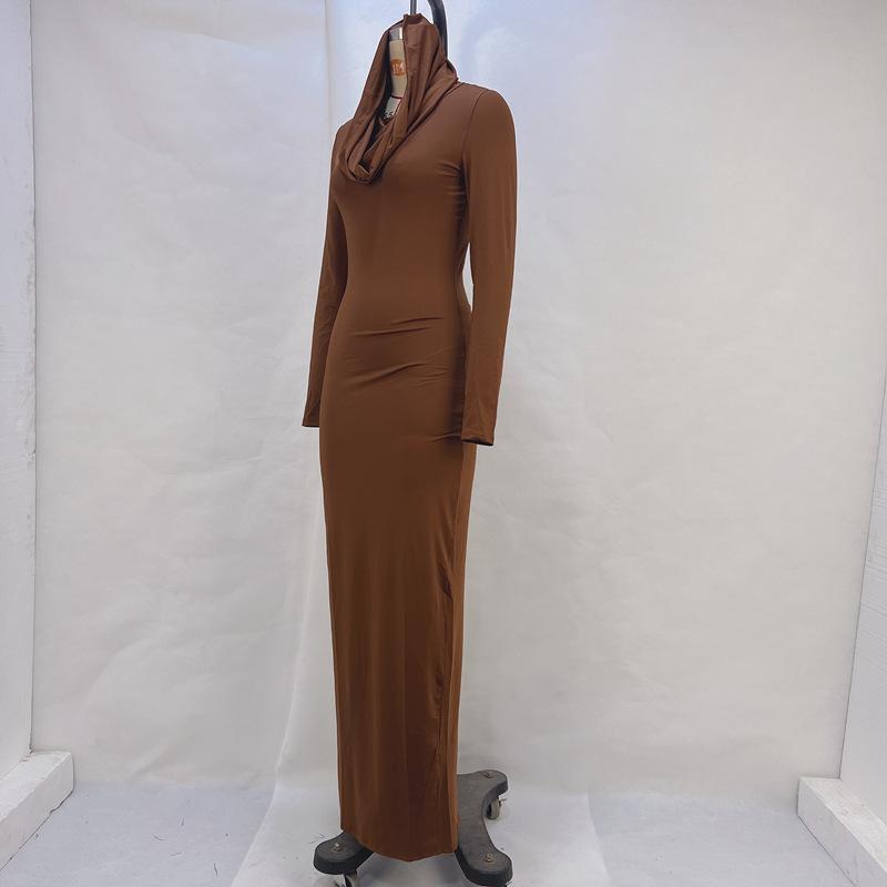 Облегающее платье макси с капюшоном и длинными рукавами, модное облегающее повседневное платье-футболка, осенне-зимнее длинное платье, черно-серое