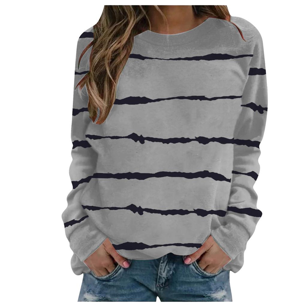 Women's Striped Printed Tops Casual Round Neck Long Sleeve Tops