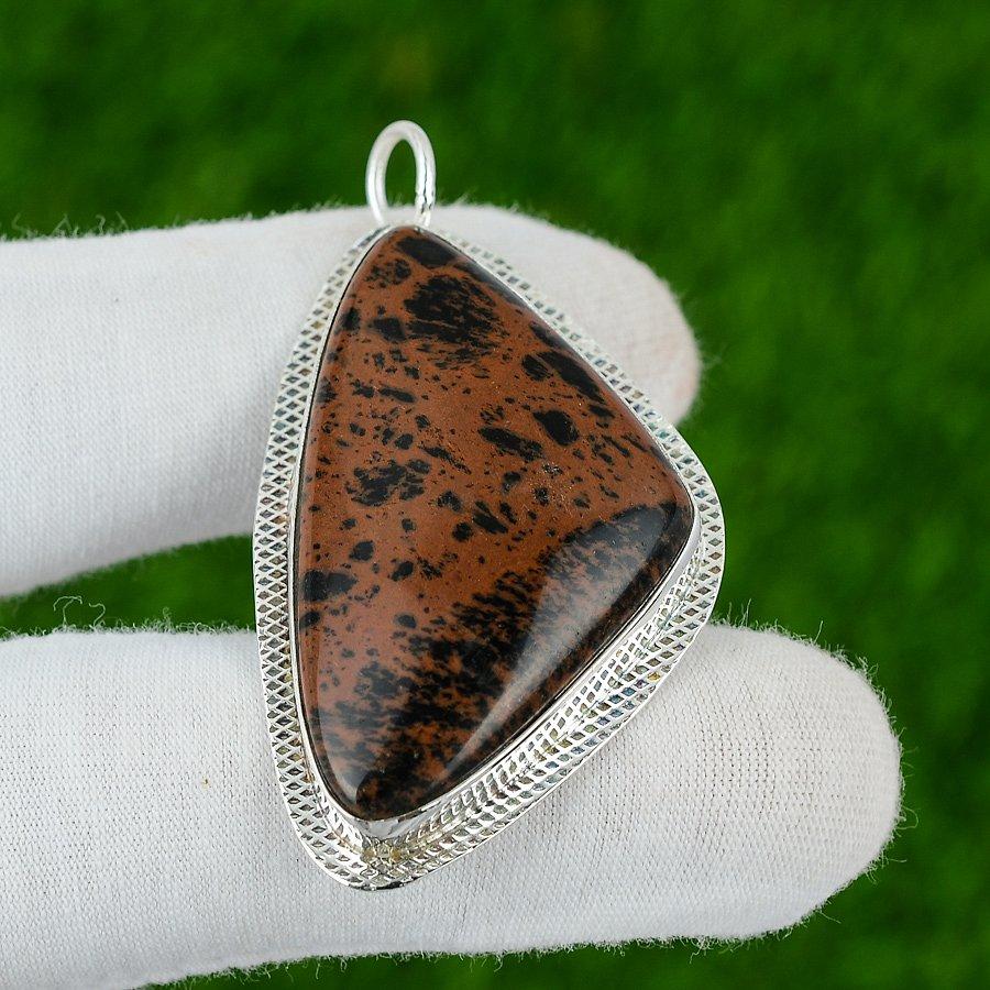 Sterling Silver Root Chakra Mahogany Obsidian Stone Bezel Trendy Wife Pendant