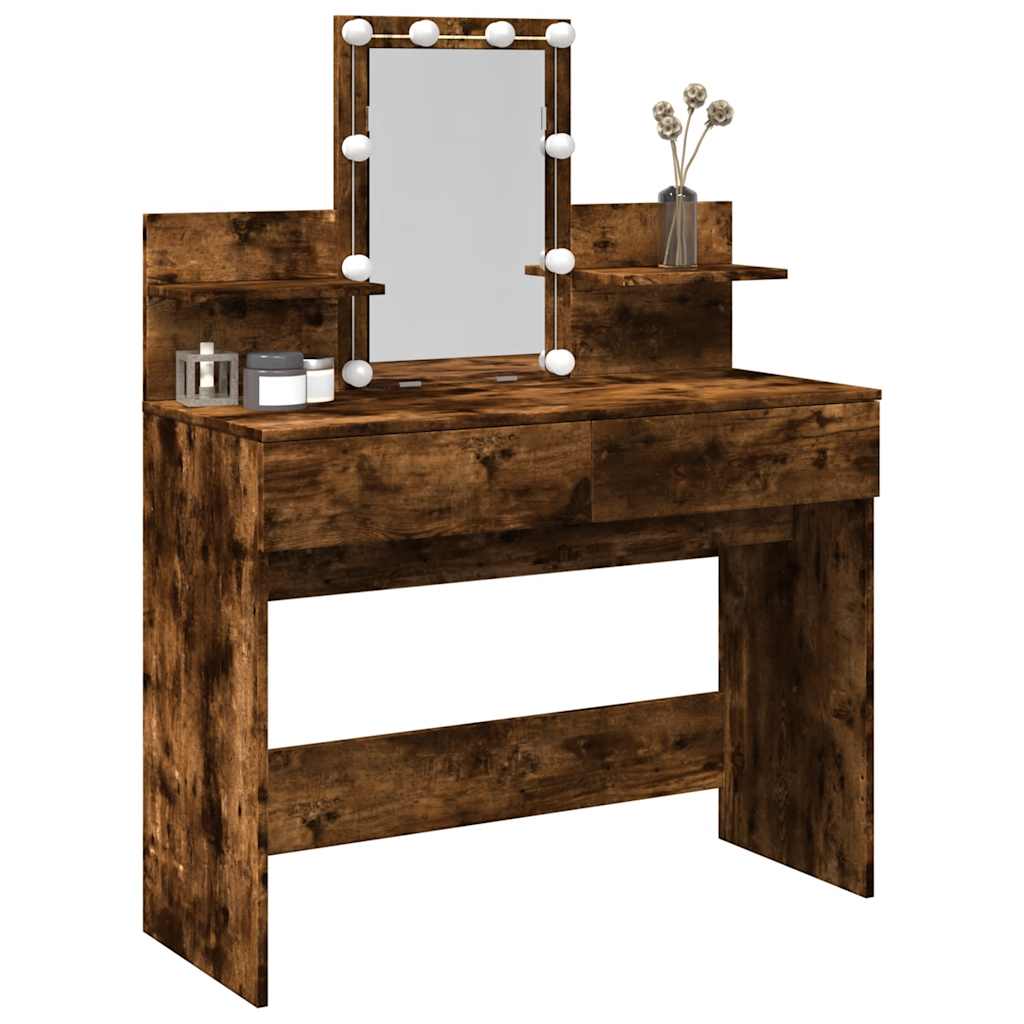 Makeup Vanity with LED Lighting Smoked Oak Finish 100 x 40 x 130 cm