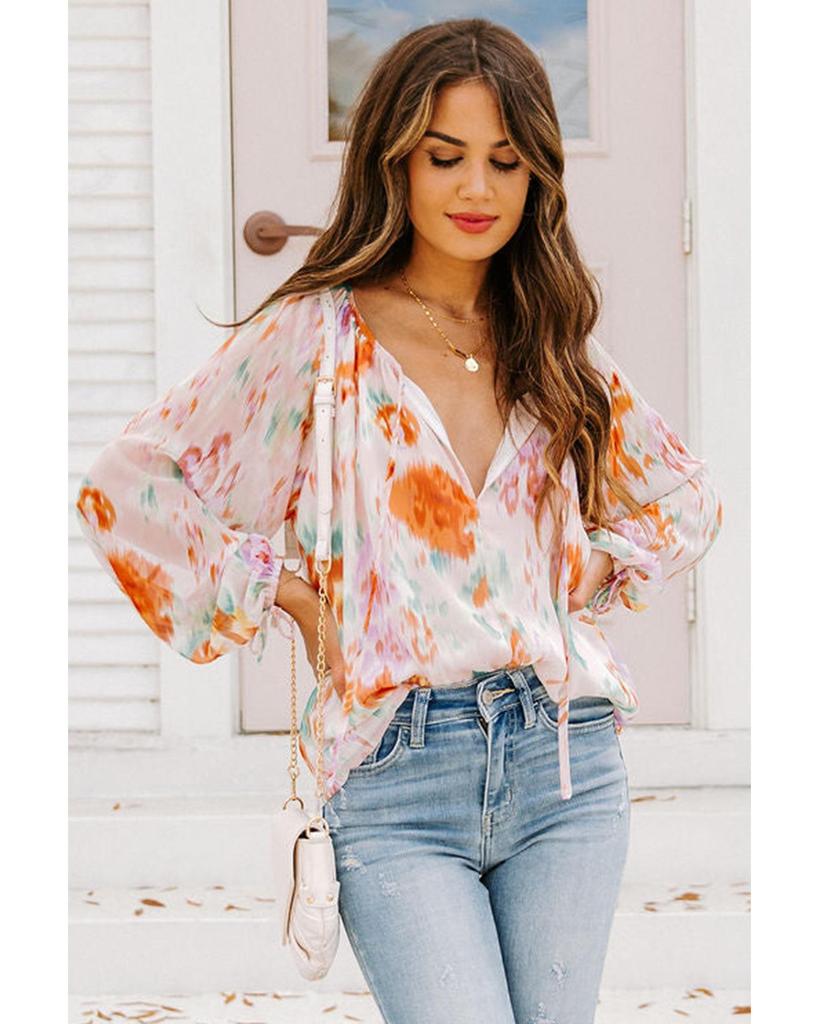 Azura Exchange Abstract Print Split Neck Puff Sleeve Blouse