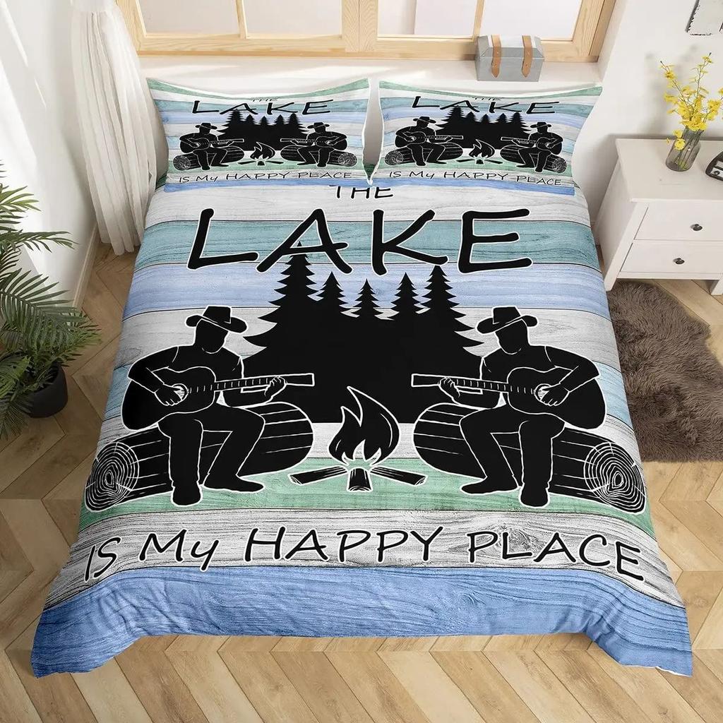 Happy Camping Duvet Set Retro Style Bedding Set Three-Piece Set
